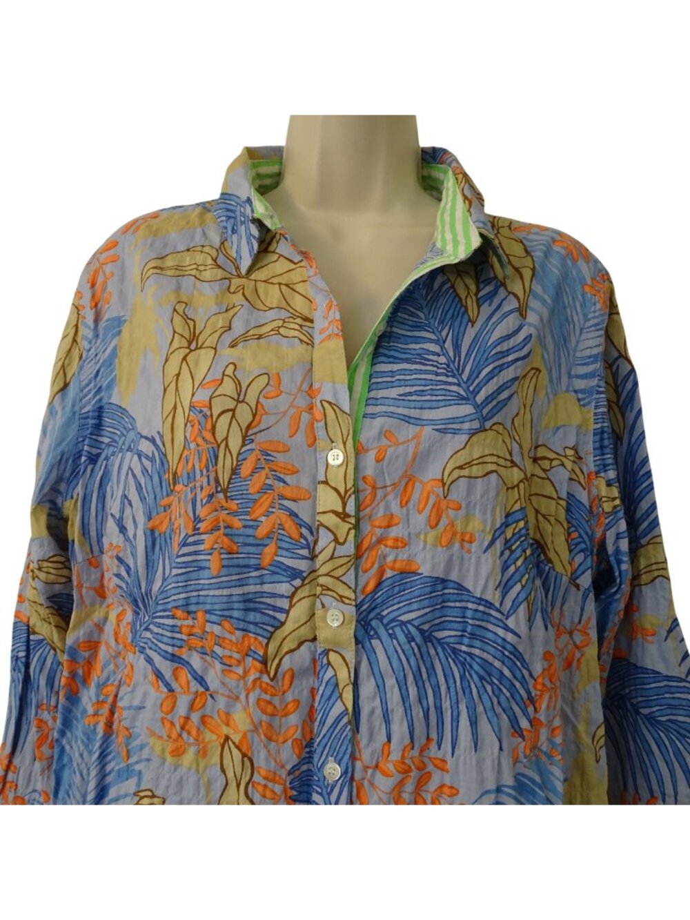 J McLaughlin Lois Blouse Shirt Size XL Button Up Blue Tropical Beach Coastal